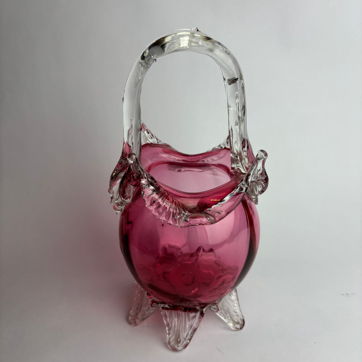 Antique Victorian Cranberry Glass Basket with Applied Feet