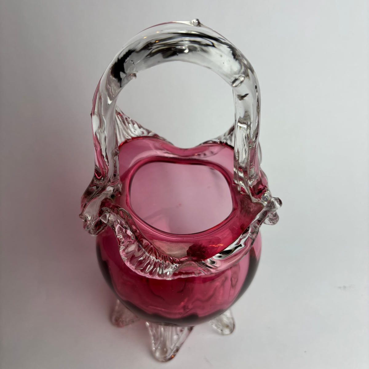 Antique Victorian Cranberry Glass Basket with Applied Feet