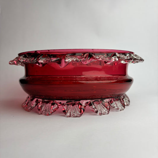 Victorian Cranberry Glass Bowl with Applied Clear Prunts (c.1880s)