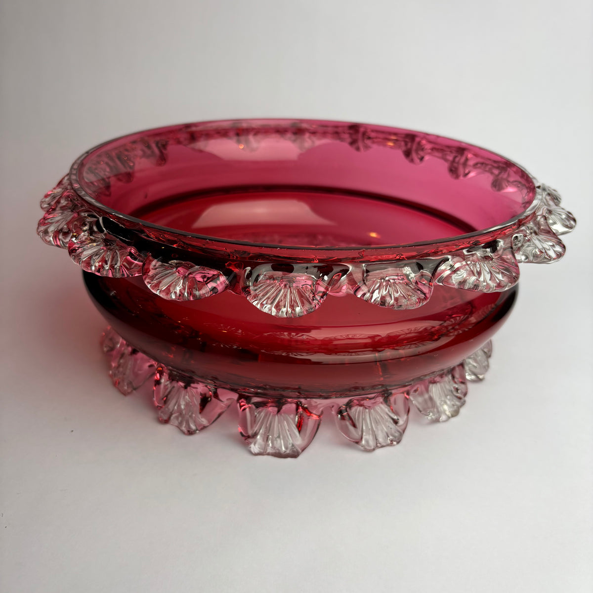 Victorian Cranberry Glass Bowl with Applied Clear Prunts (c.1880s)