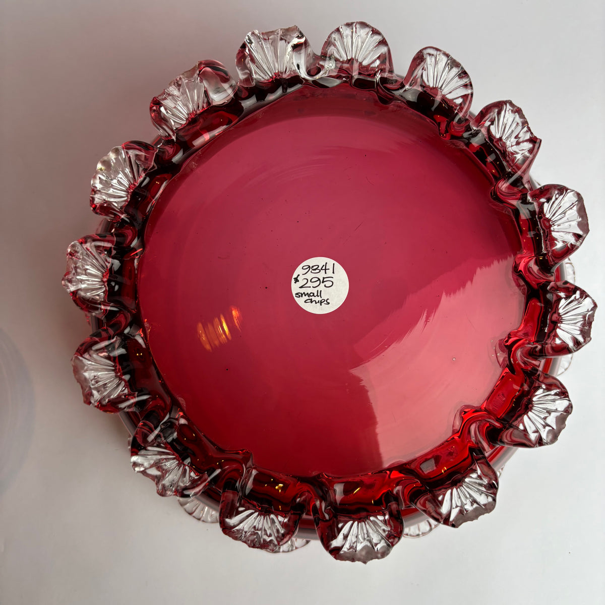 Victorian Cranberry Glass Bowl with Applied Clear Prunts (c.1880s)