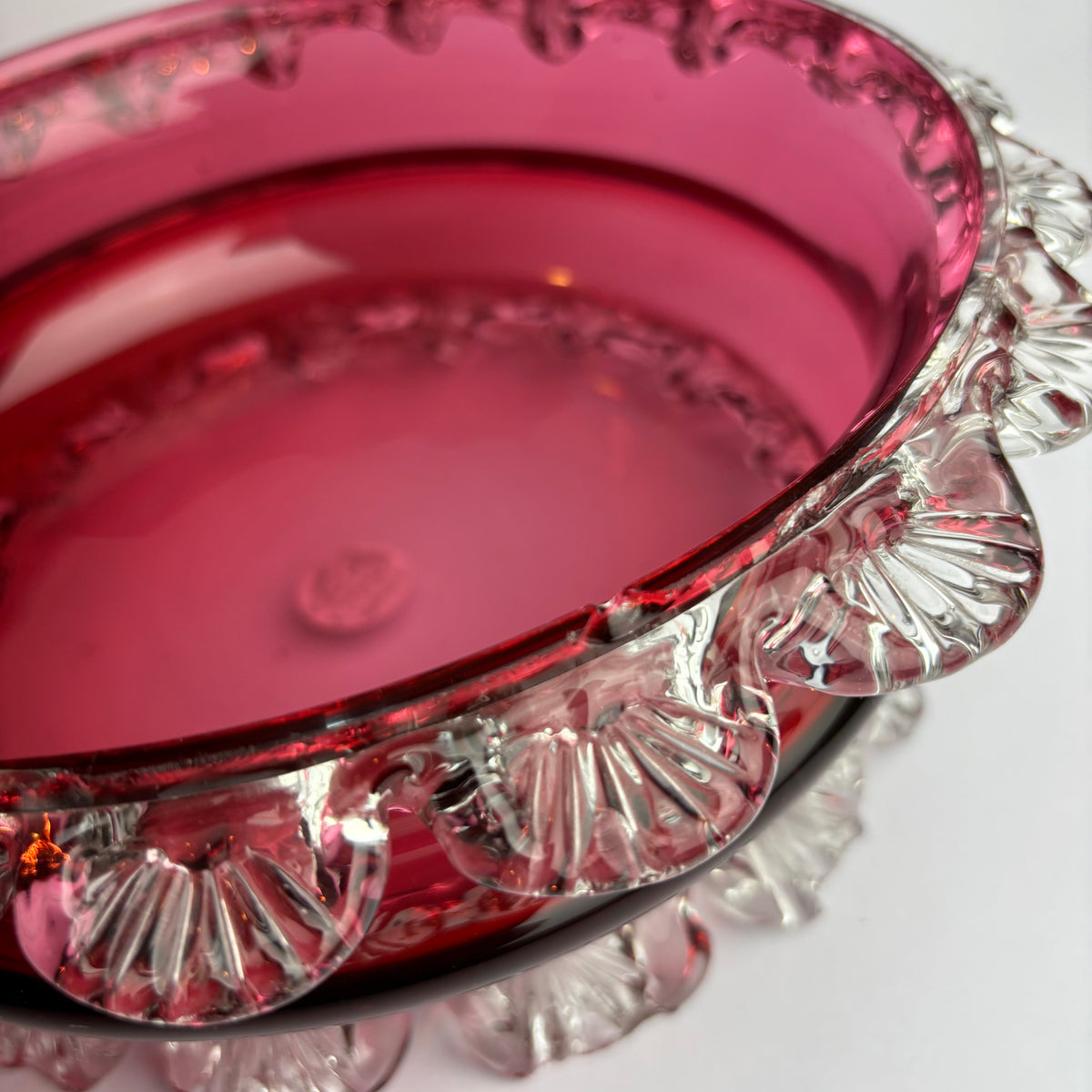Victorian Cranberry Glass Bowl with Applied Clear Prunts (c.1880s)