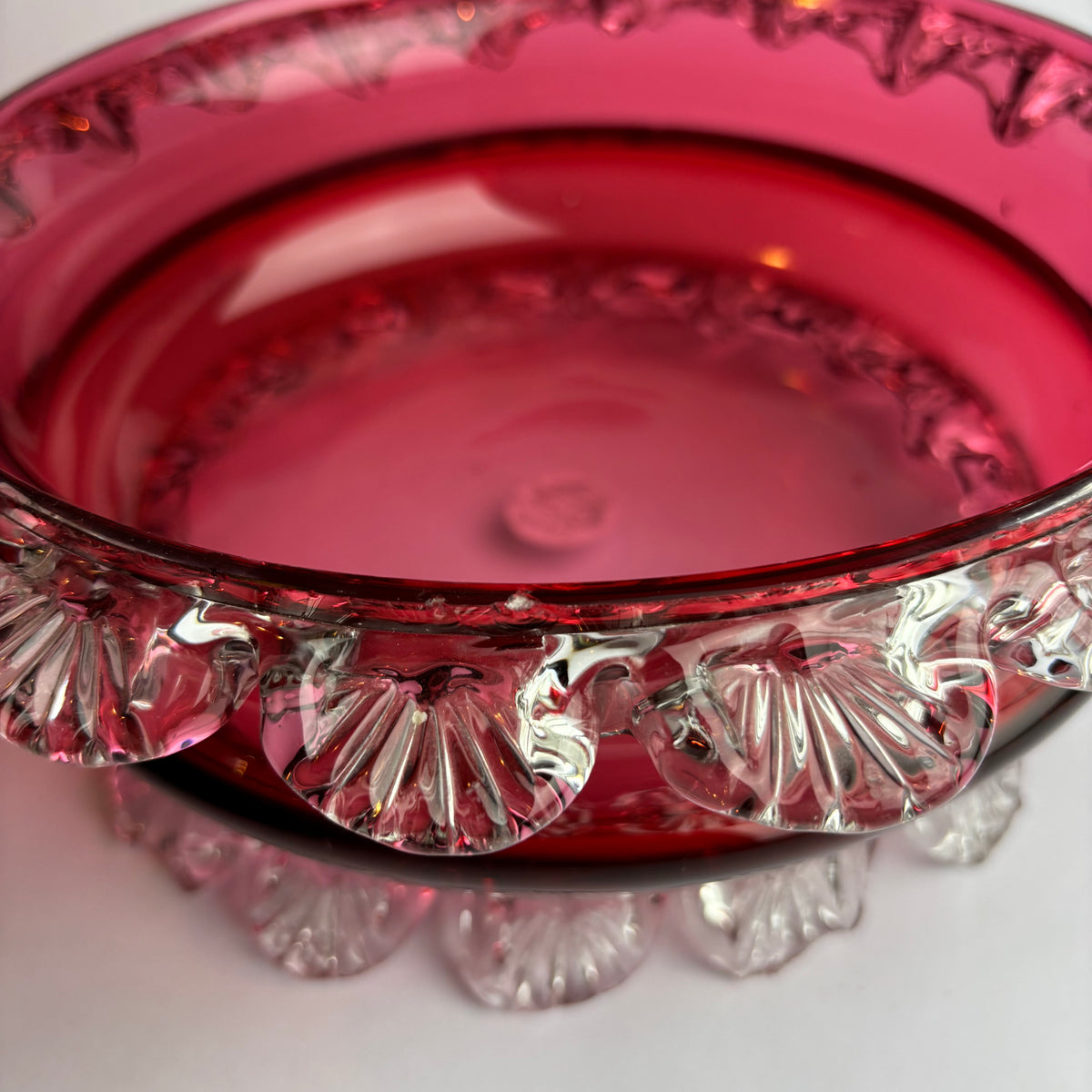 Victorian Cranberry Glass Bowl with Applied Clear Prunts (c.1880s)