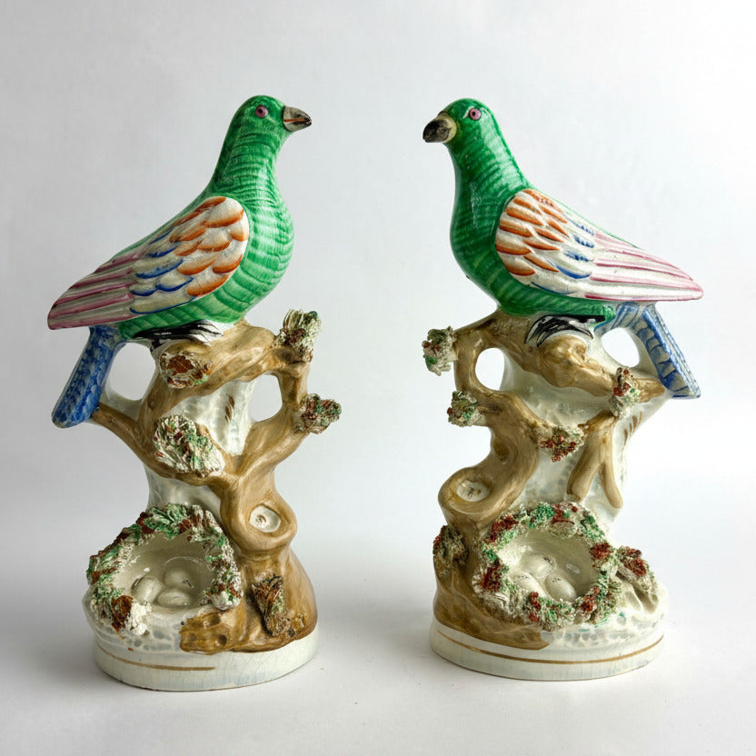 Rare Pair Antique Victorian Staffordshire Pigeon Figures c1855 Nest Scene