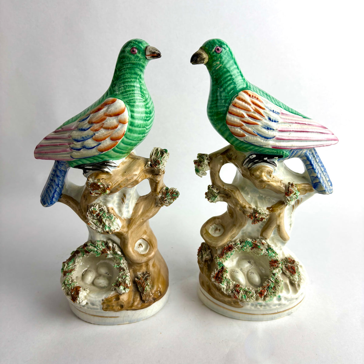 Rare Pair Antique Victorian Staffordshire Pigeon Figures c1855 Nest Scene
