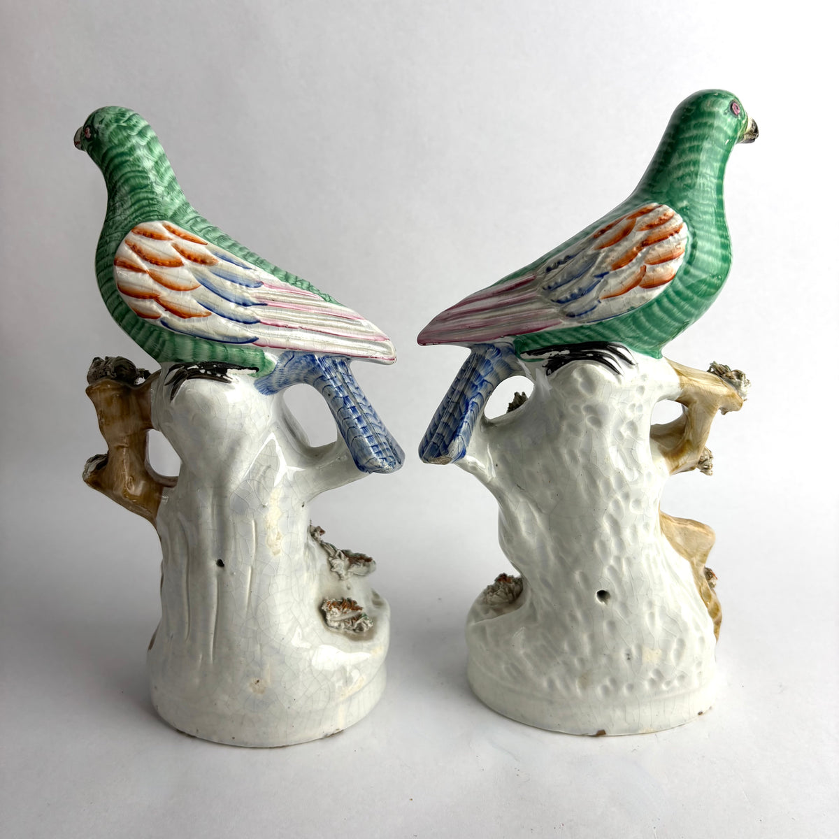 Rare Pair Antique Victorian Staffordshire Pigeon Figures c1855 Nest Scene