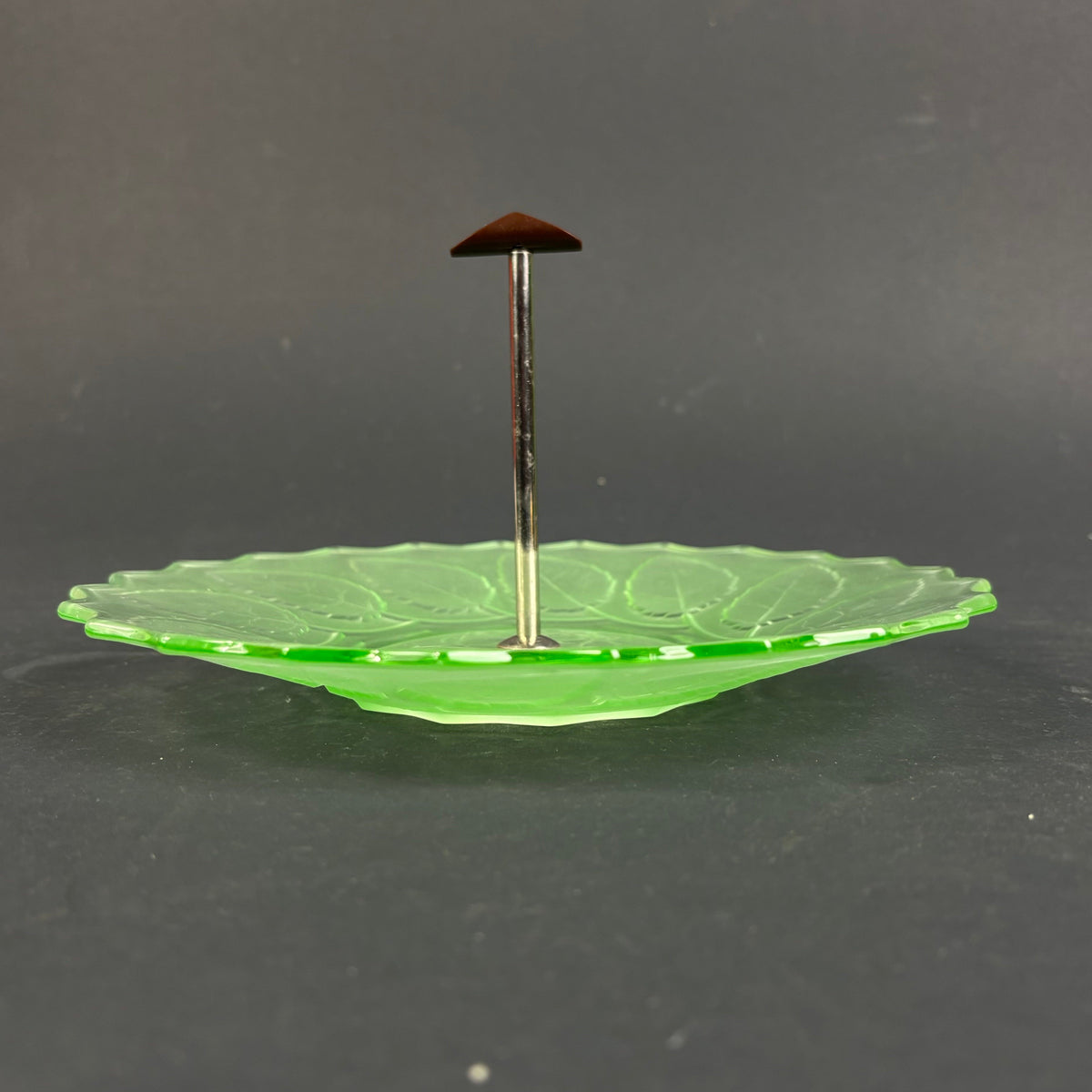 Vintage Uranium Glass Tidbit Tray with Bakelite Handle