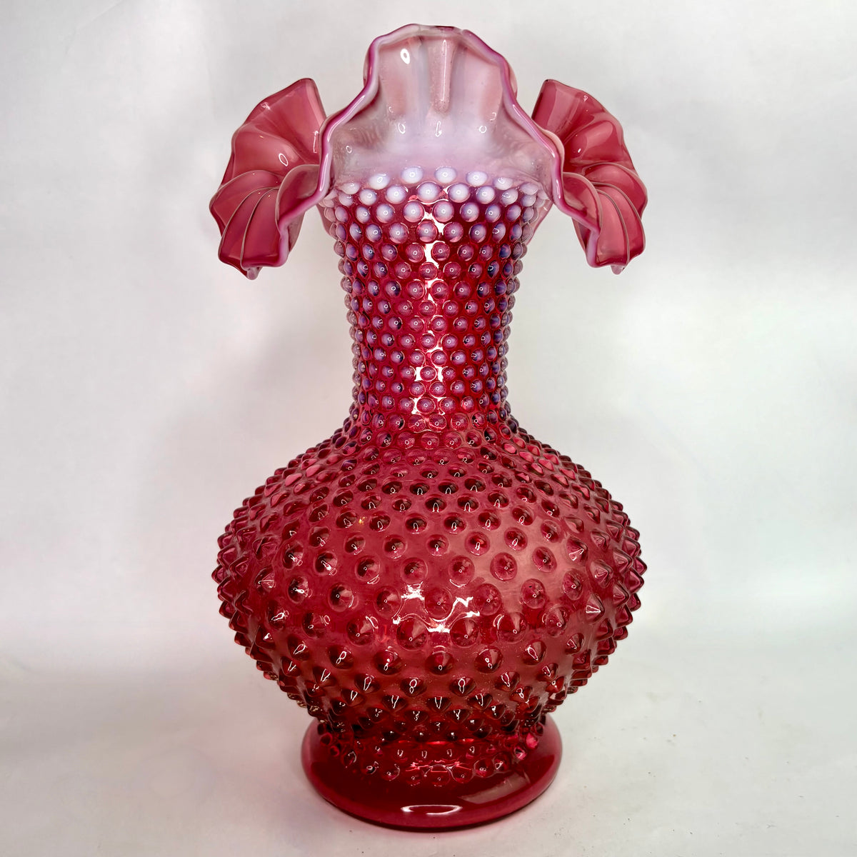 Fenton Cranberry Opalescent Hobnail Glass Vase, Ruffled Rim, c. Mid-20th Century