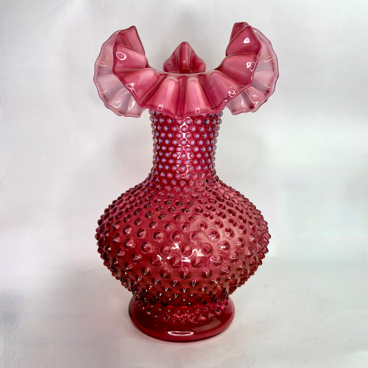 Fenton Cranberry Opalescent Hobnail Glass Vase, Ruffled Rim, c. Mid-20th Century