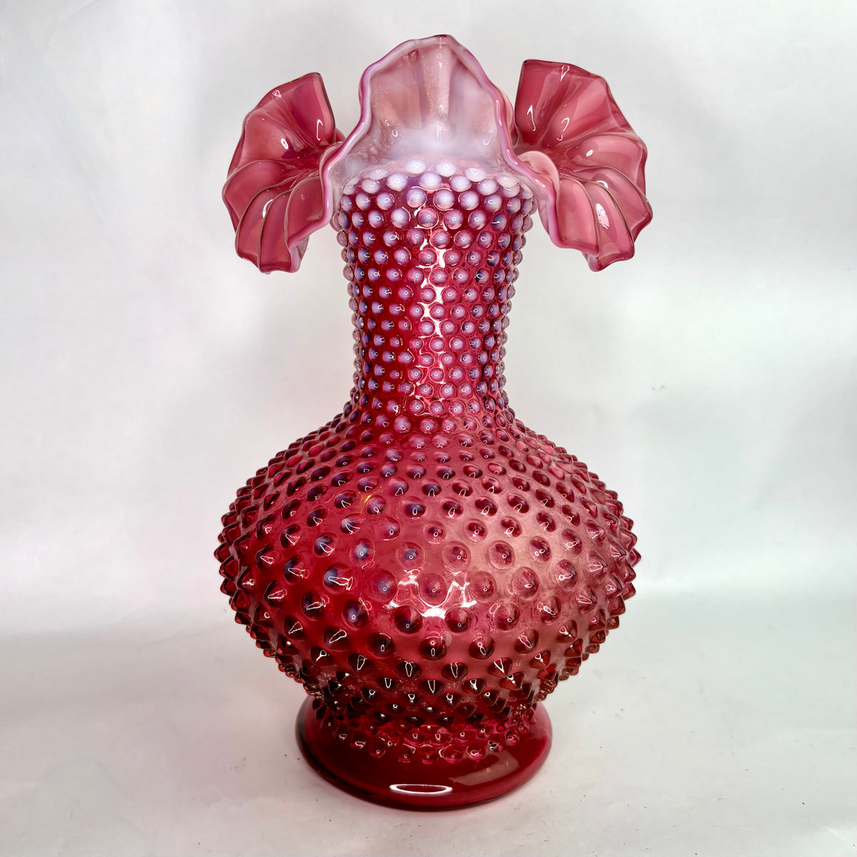 Fenton Cranberry Opalescent Hobnail Glass Vase, Ruffled Rim, c. Mid-20th Century