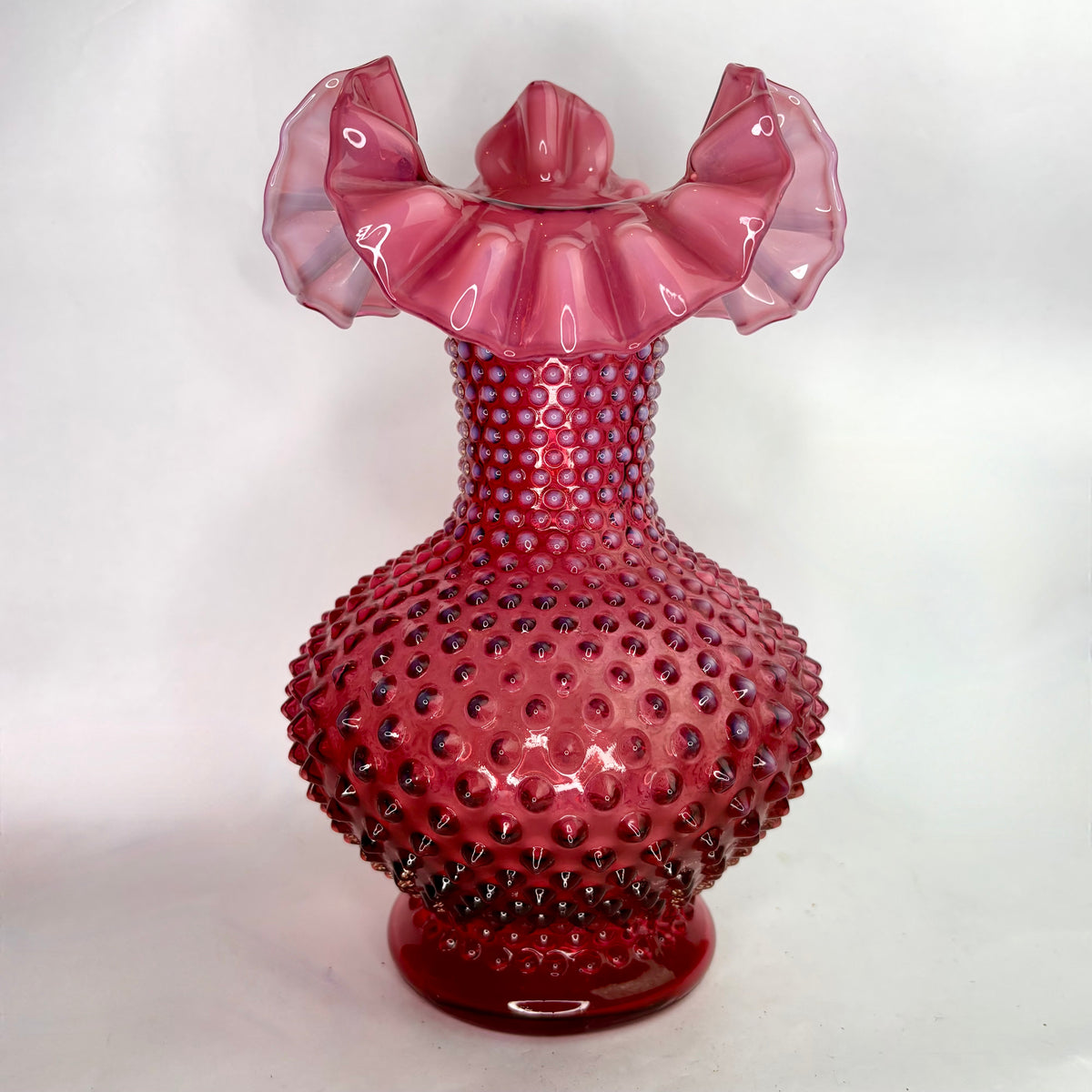 Fenton Cranberry Opalescent Hobnail Glass Vase, Ruffled Rim, c. Mid-20th Century