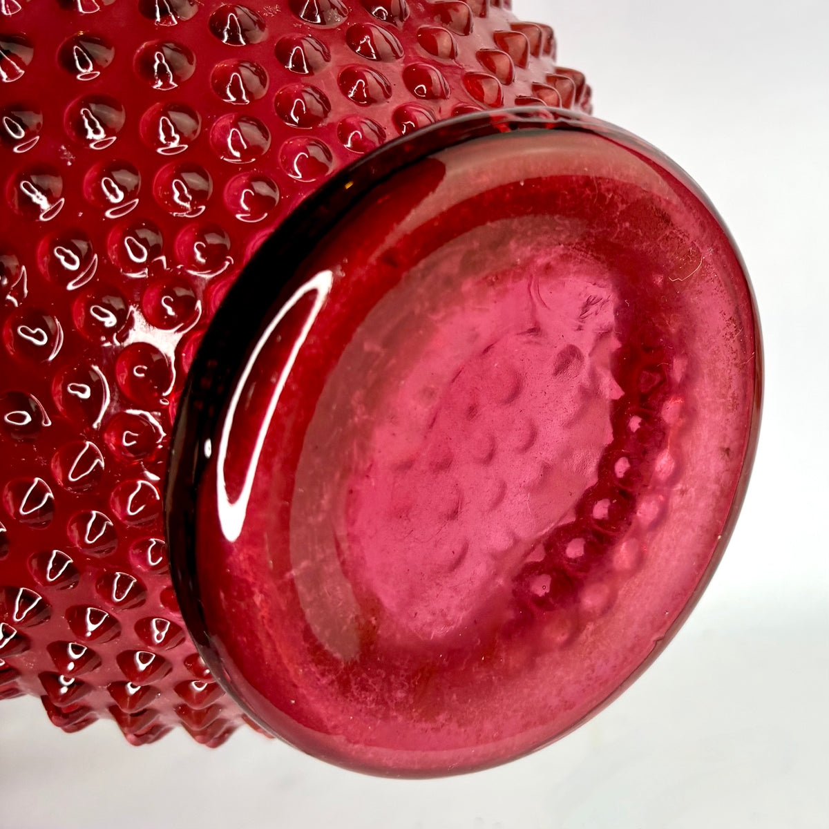 Fenton Cranberry Opalescent Hobnail Glass Vase, Ruffled Rim, c. Mid-20th Century