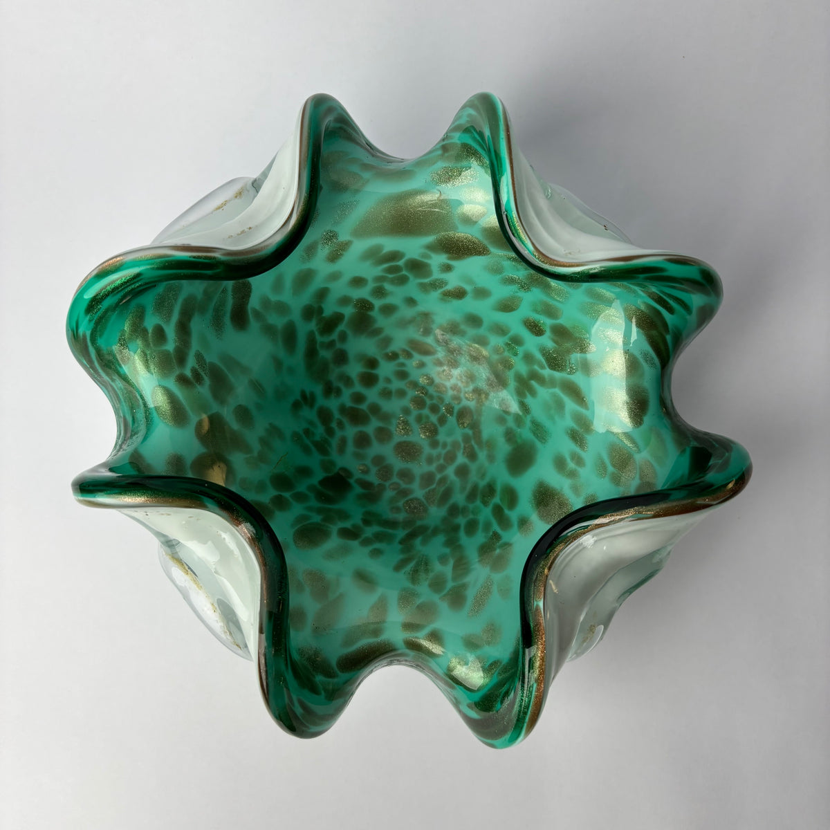 Large Murano Art Glass Centre Bowl with Aventurine – Emerald & Lattimo, c.1970s