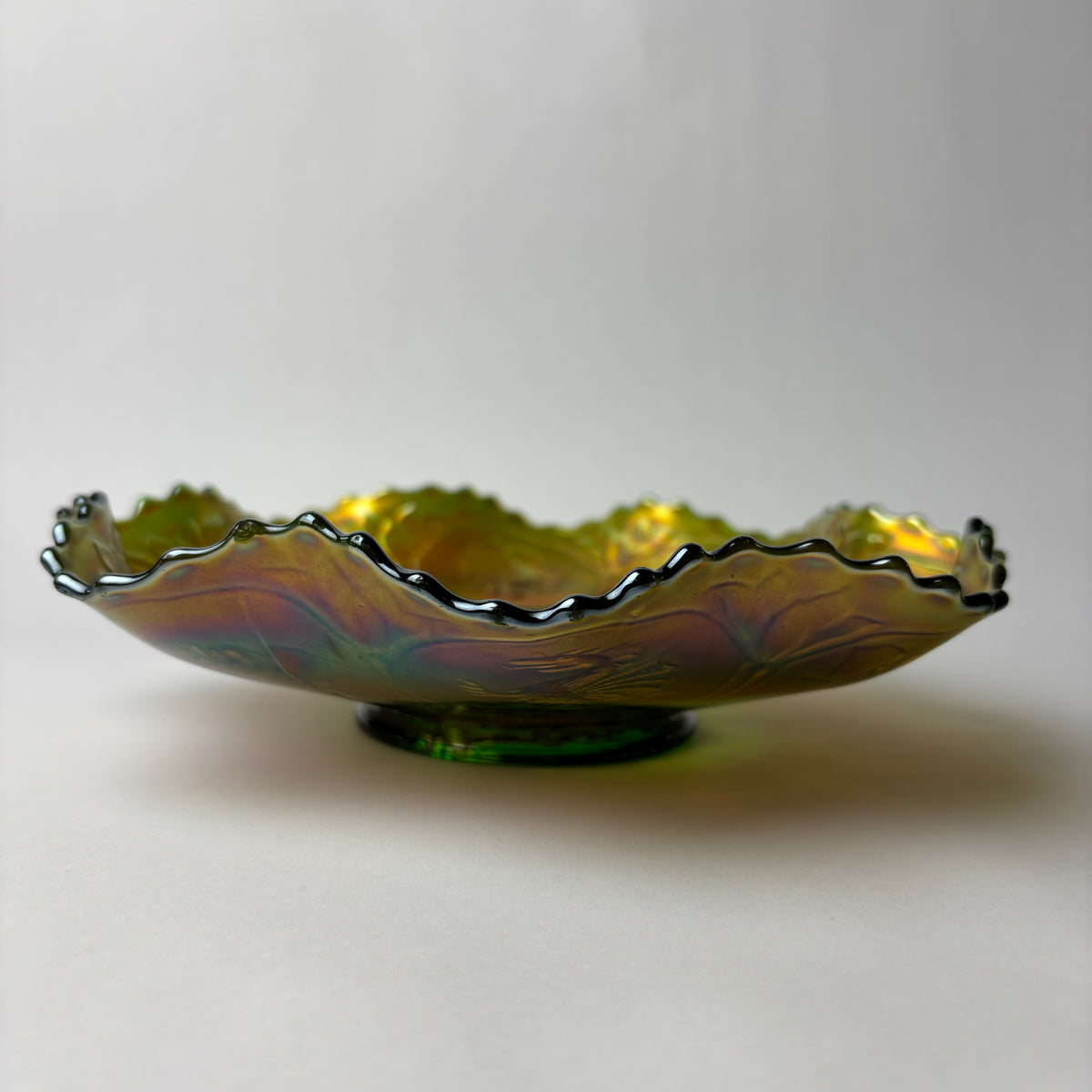 Vintage Fenton “Dragon & Lotus” Carnival Glass Bowl – Marigold on Green