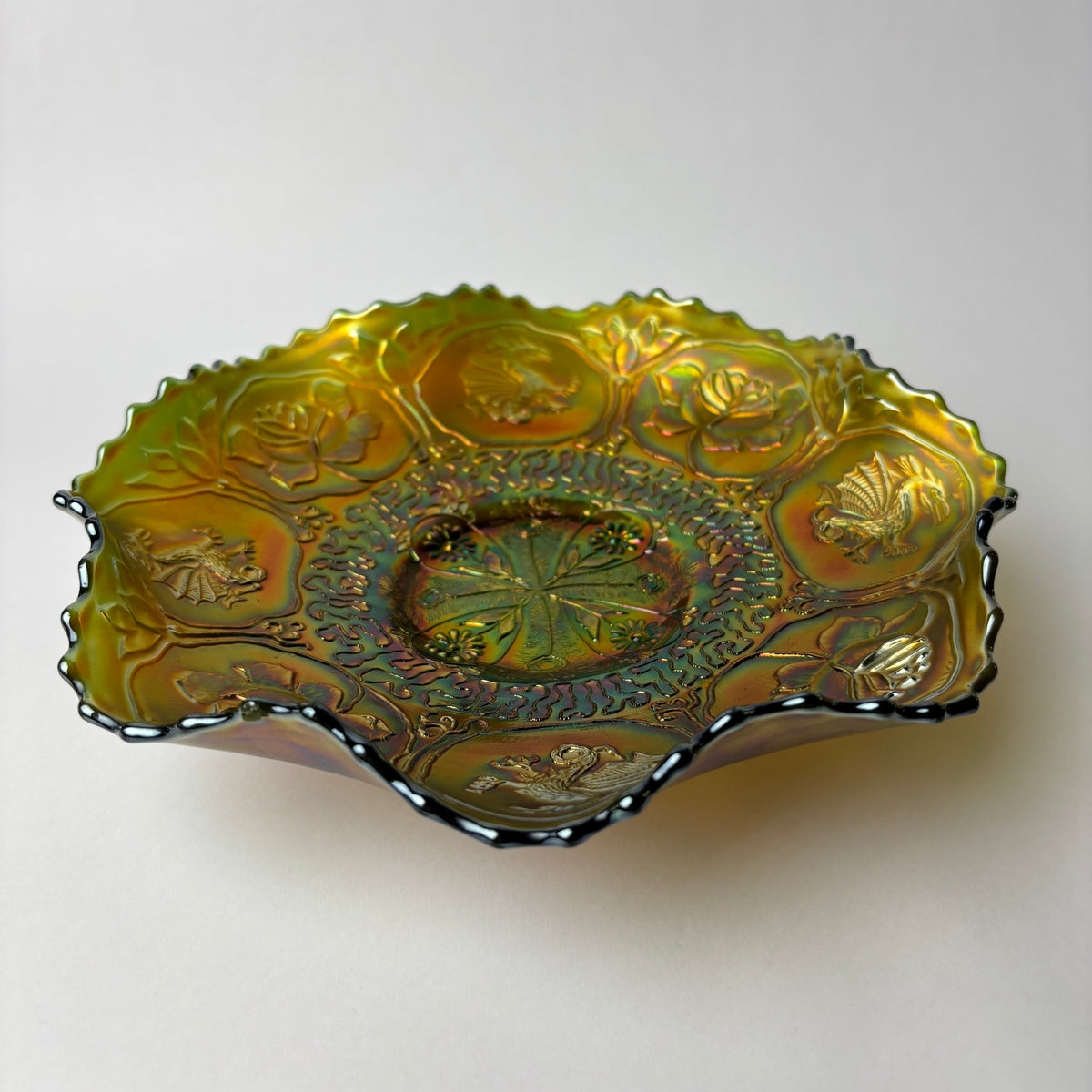 Vintage Fenton “Dragon & Lotus” Carnival Glass Bowl – Marigold on Green