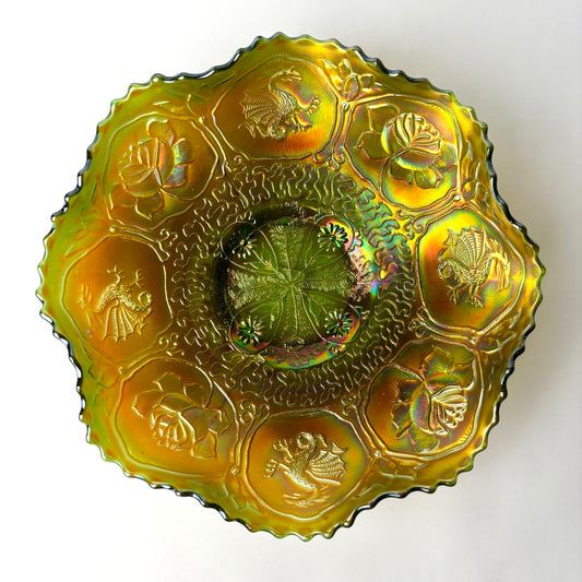 Vintage Fenton “Dragon & Lotus” Carnival Glass Bowl – Marigold on Green