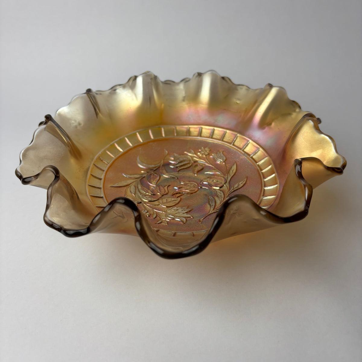 Vintage Marigold Carnival Glass Ruffled Bowl – Floral Pattern