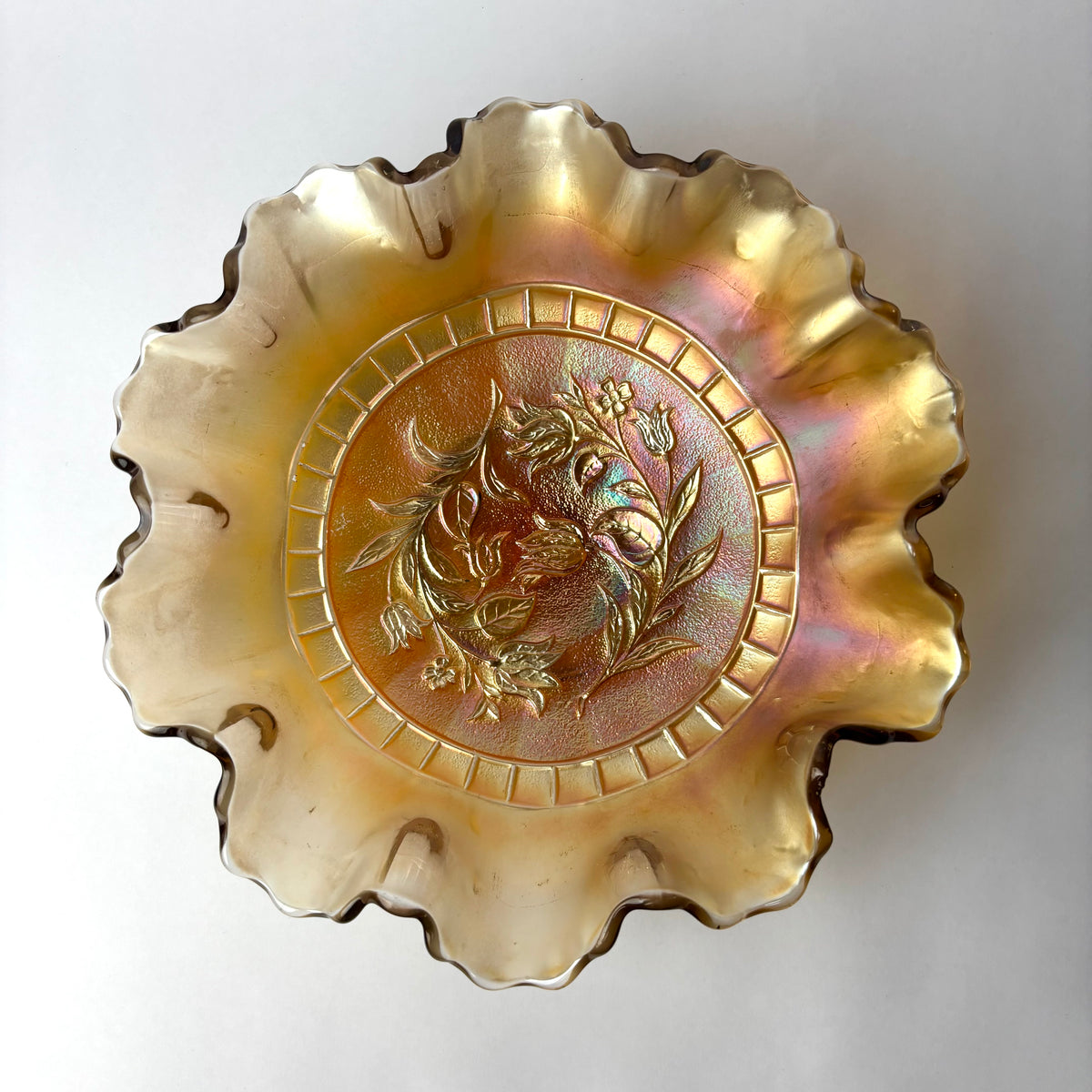 Vintage Marigold Carnival Glass Ruffled Bowl – Floral Pattern