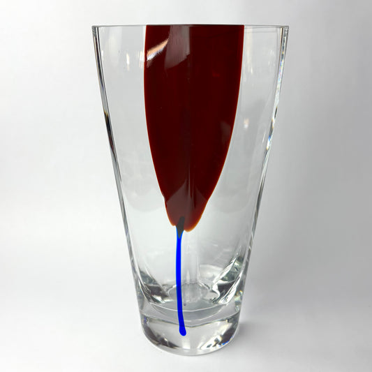 Modern Studio Art Glass Vase — Sculptural Clear & Ox-Blood Design