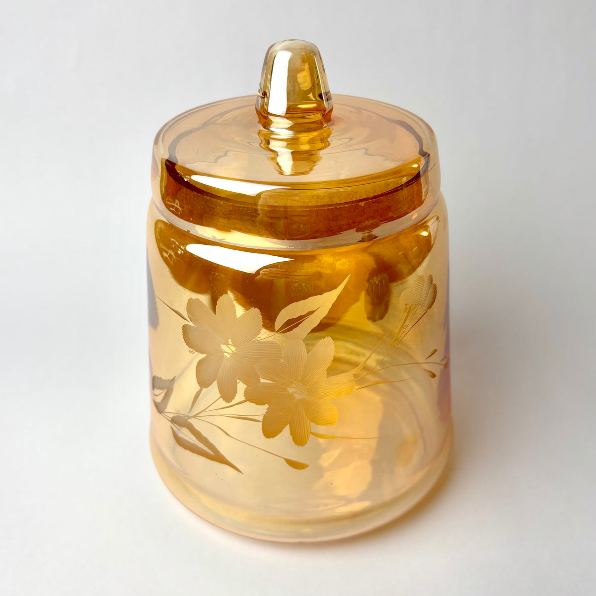 Marigold Glass Lidded Canister / Cookie Jar with Etched Floral Design (Unmarked)