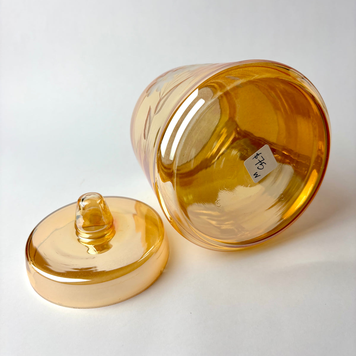 Marigold Glass Lidded Canister / Cookie Jar with Etched Floral Design (Unmarked)
