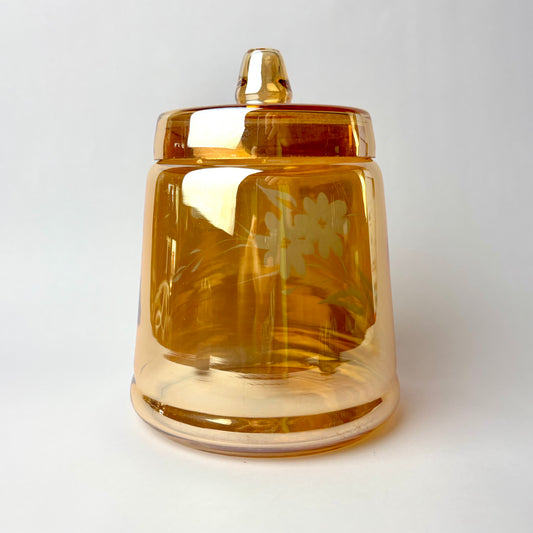 Marigold Glass Lidded Canister / Cookie Jar with Etched Floral Design (Unmarked)