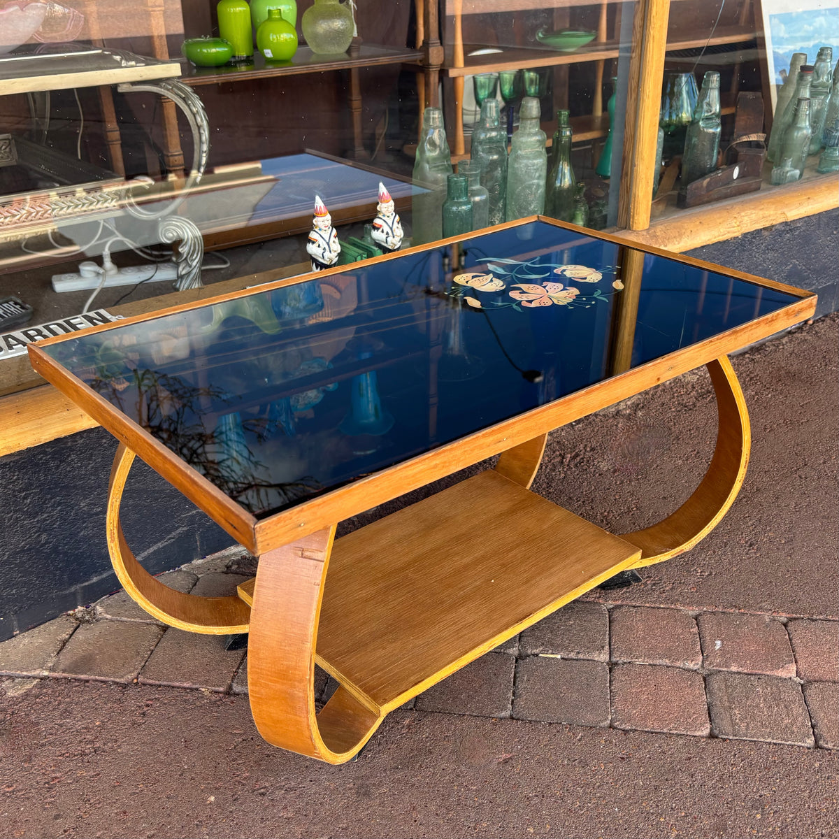 Mid-Century Bentwood Coffee Table with Hand-Painted Black Glass Top