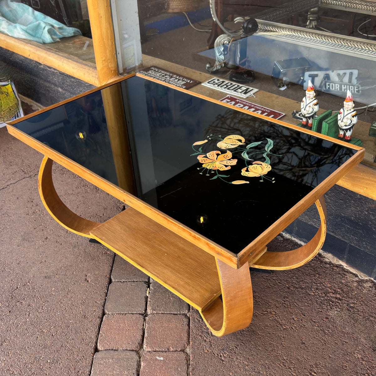 Mid-Century Bentwood Coffee Table with Hand-Painted Black Glass Top