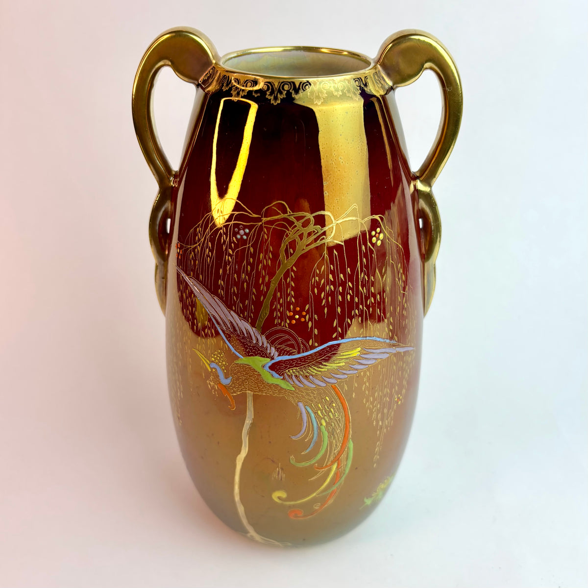 Carlton Ware Twin-Handled Lustre Vase – Exotic Bird & Willow Design, England c.1920s–30s
