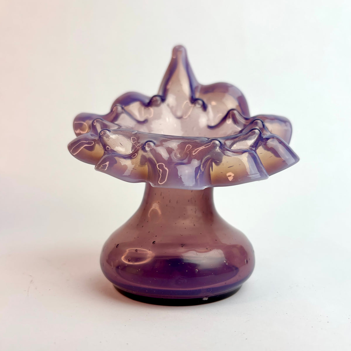 Antique Victorian Alexandrite Glass Vase – Colour Change Blue to Amethyst, Opalescent Ruffled Rim, England c.1880