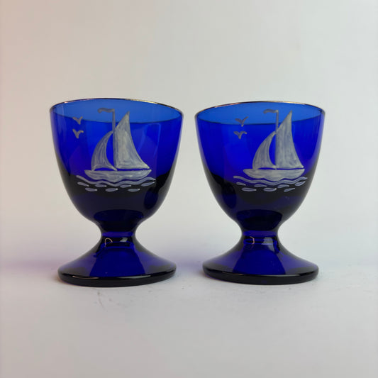 Pair Vintage Bristol Blue Style Glass Goblets with Hand-Painted Sailing Ships & Gilt Rims