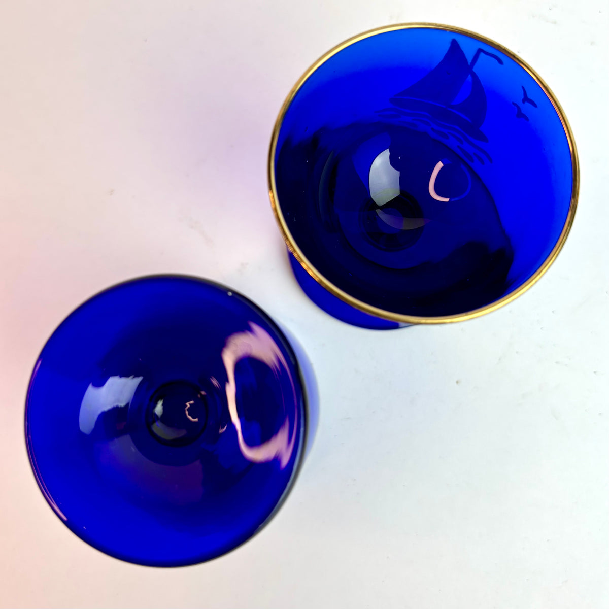 Pair Vintage Bristol Blue Style Glass Goblets with Hand-Painted Sailing Ships & Gilt Rims