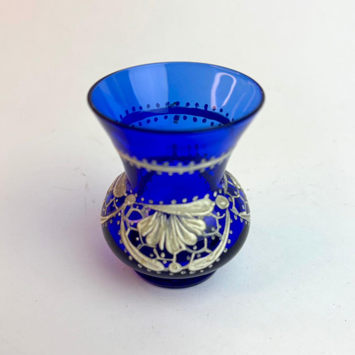 Vintage Bristol Blue Glass Vase with Hand-Painted White Floral Garland