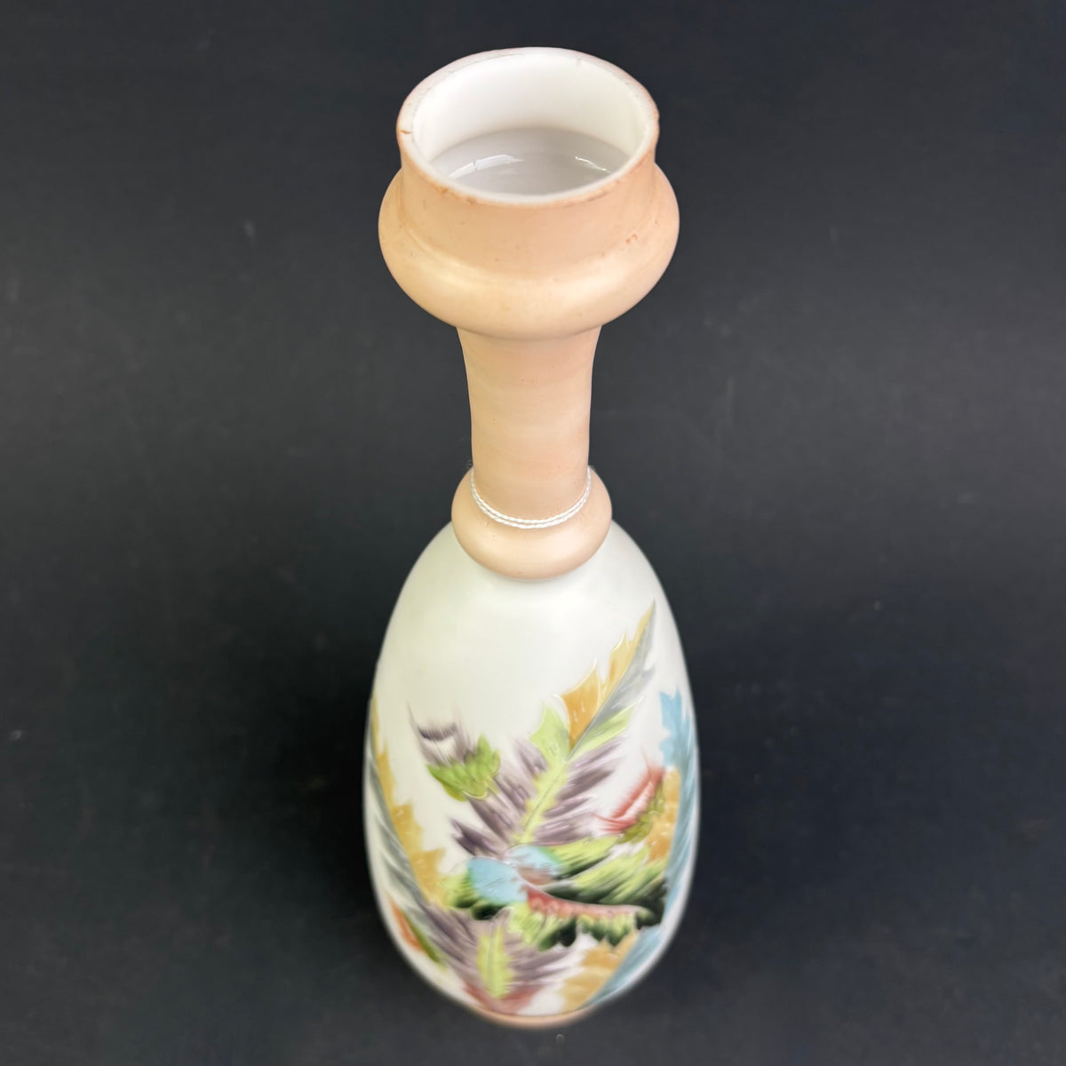 Victorian Satin Cased Art Glass Vase with Hand-Enamelled Feather Decoration c.1890