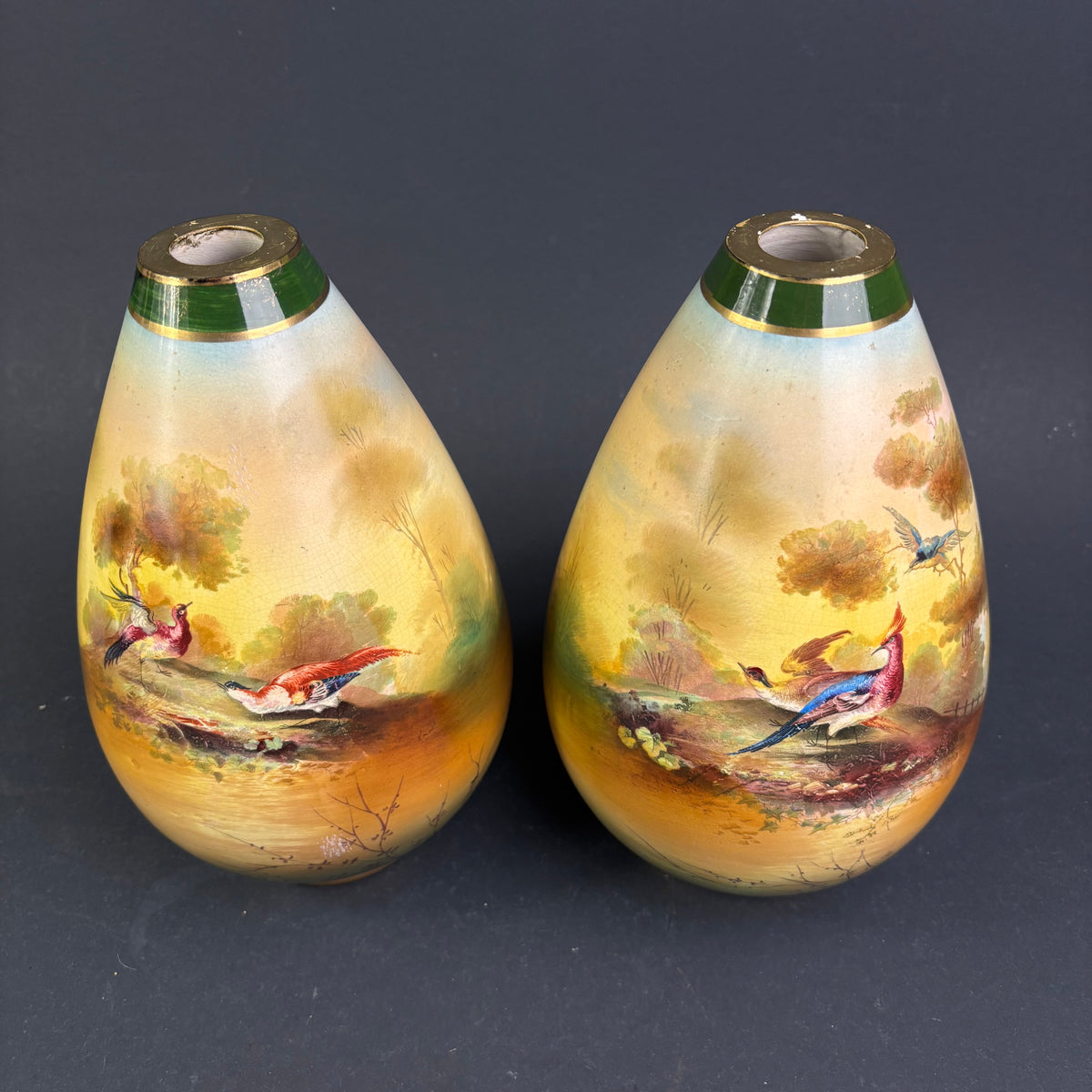 Pair of Victorian Hand Painted Porcelain Cabinet Vases with Game Bird Decoration c.1900