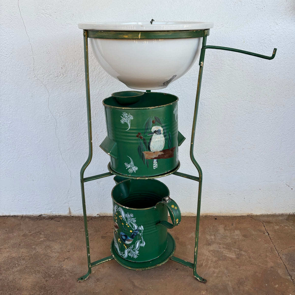 Vintage Vitromant Enamel Wash Stand with Hand-Painted Buckets & Basin | Australian Bush Motif