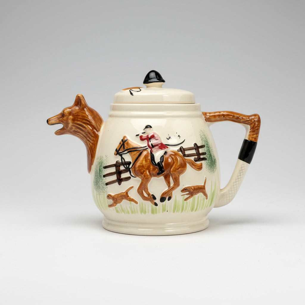 Ceramic teapot with horse and rider design on a white background