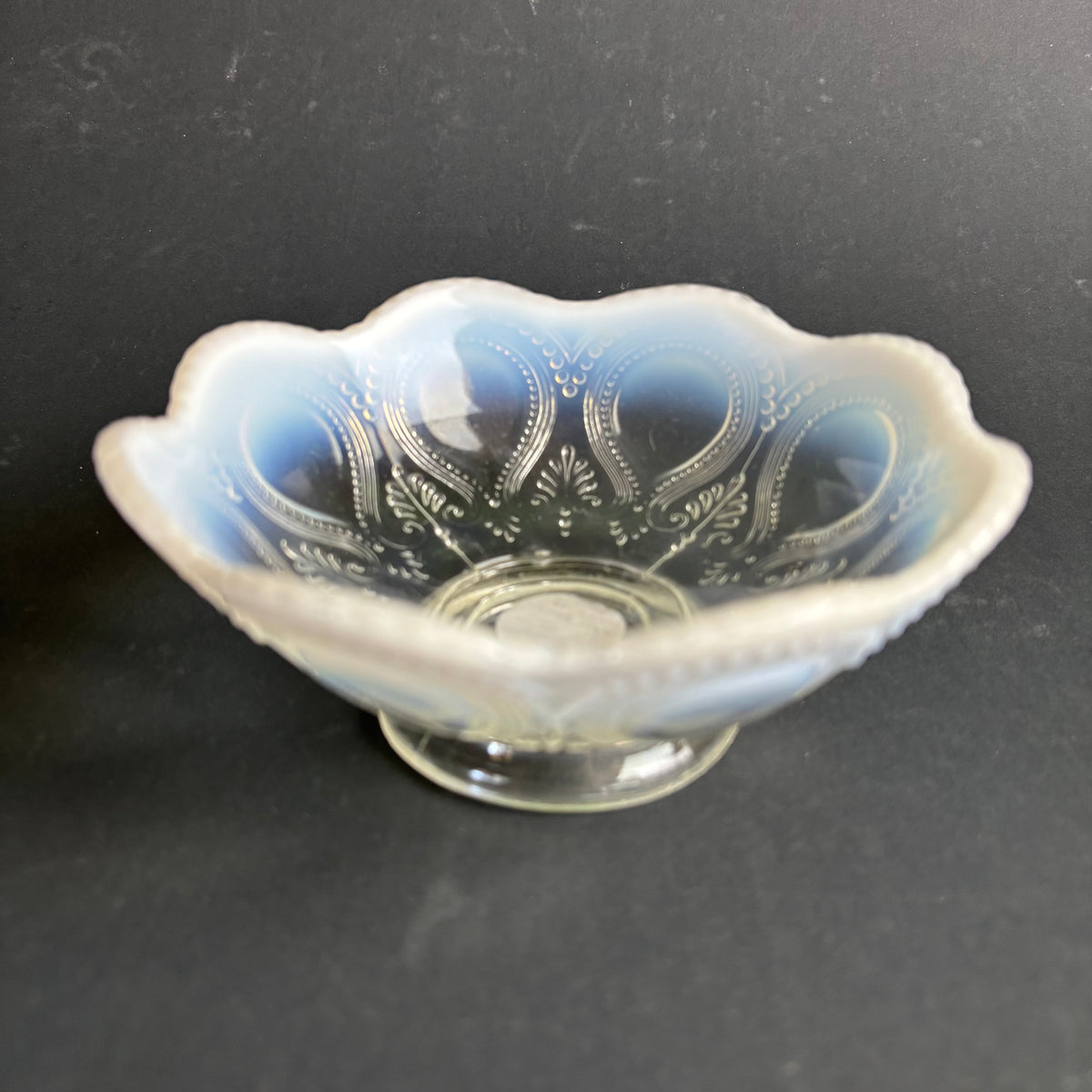 Vintage Opalescent Glass Pedestal Bowl – Paisley Pattern – Blue Milk Glass Dish