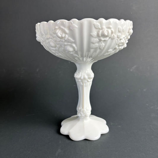 Vintage Milk Glass Pedestal Compote Bowl – Rose Garland Pattern