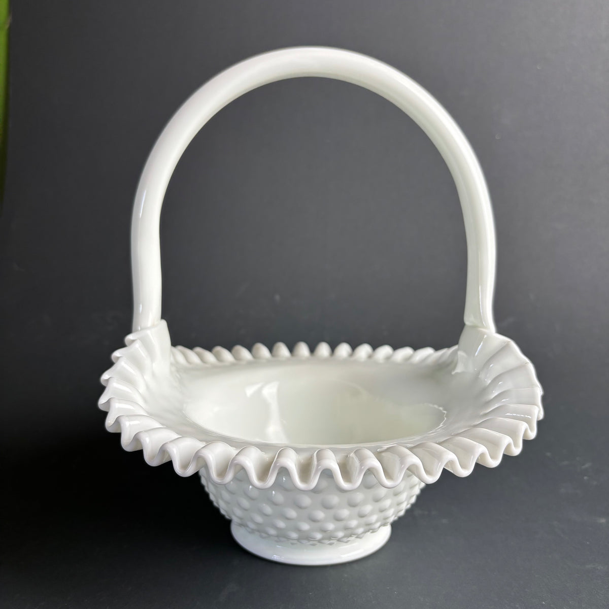 Vintage Milk Glass Hobnail Basket with Ruffled Rim – Fenton Style