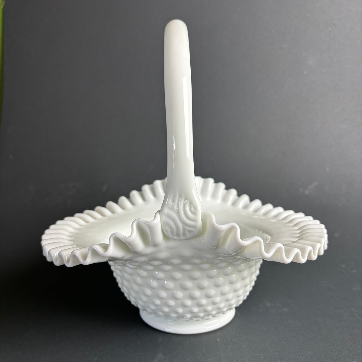 Vintage Milk Glass Hobnail Basket with Ruffled Rim – Fenton Style