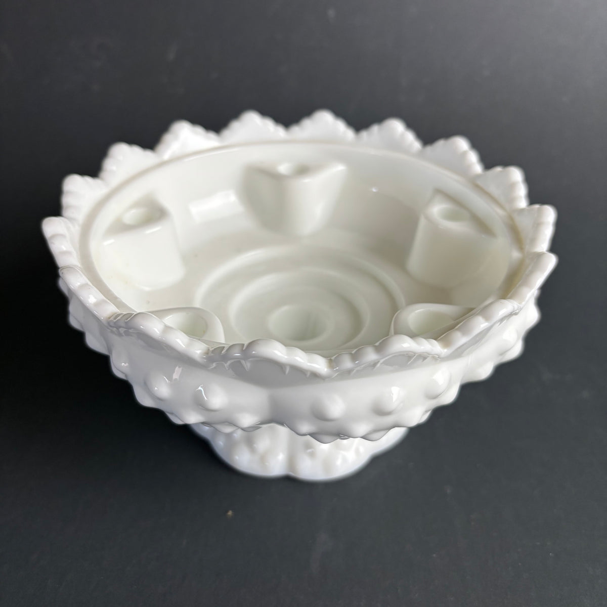 Vintage Fenton Hobnail Milk Glass Pedestal Bowl / Flower Frog Vase
