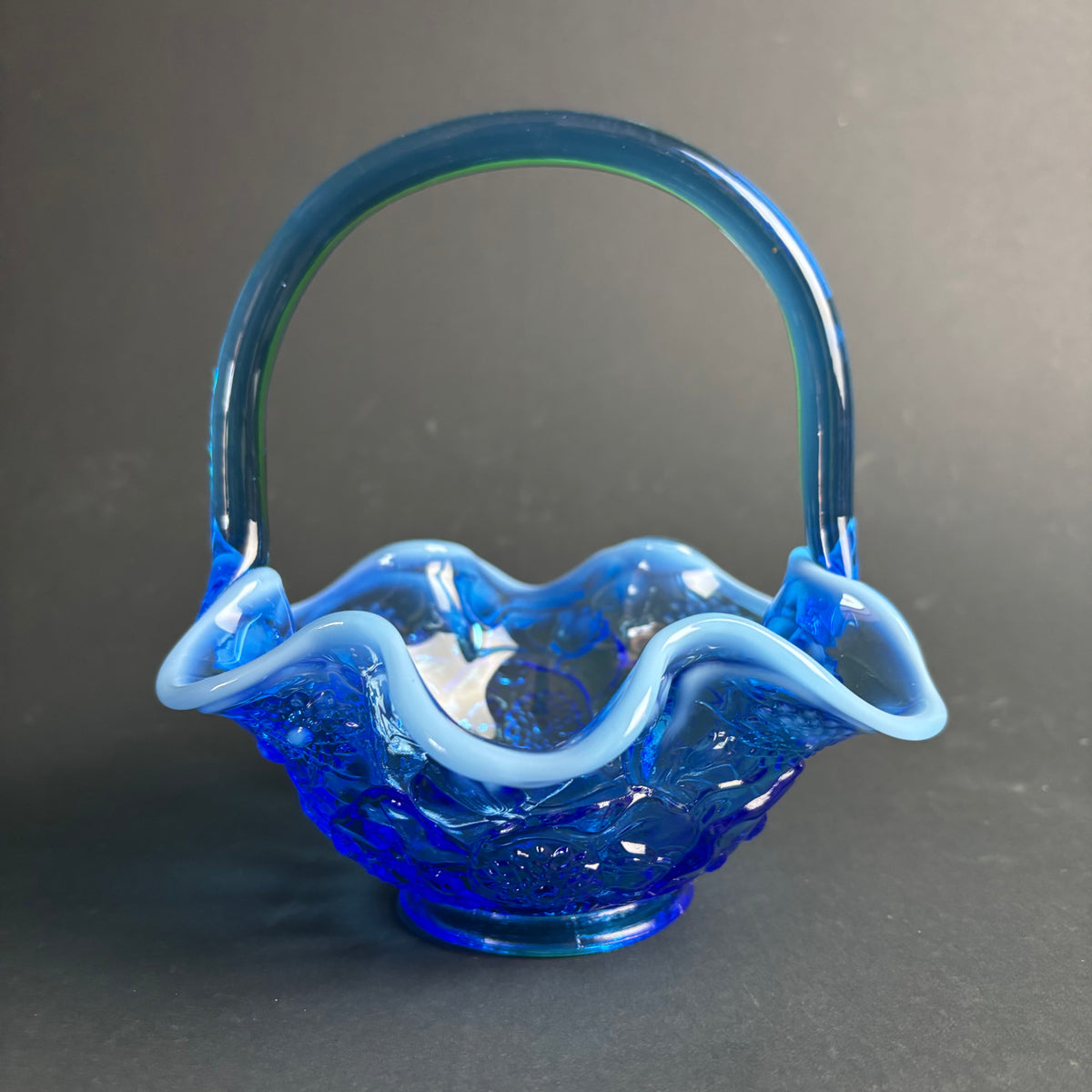 Vintage Blue Art Glass Basket – Applied Opalescent Rim – Floral Pattern