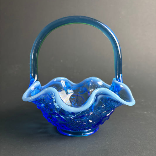 Vintage Blue Art Glass Basket – Applied Opalescent Rim – Floral Pattern