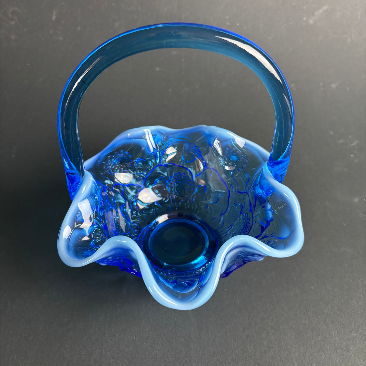Vintage Blue Art Glass Basket – Applied Opalescent Rim – Floral Pattern