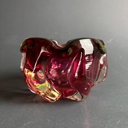 Vintage Cranberry & Clear Art Glass Bowl – Sculptural Folded Form – c.1960s–70s