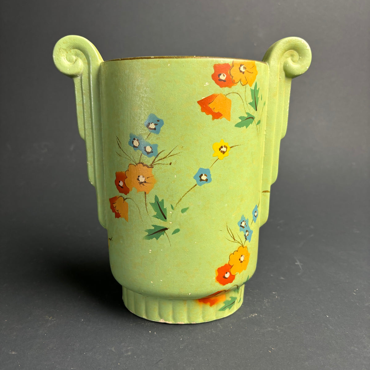 Large Vintage English Art Deco Vase – Twin Handle – Hand Painted Floral