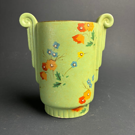 Large Vintage English Art Deco Vase – Twin Handle – Hand Painted Floral