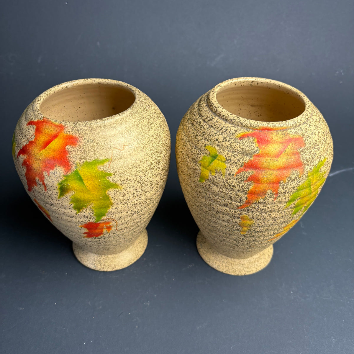 Pair Vintage English Pottery Vases – Mid Century Maple Leaf