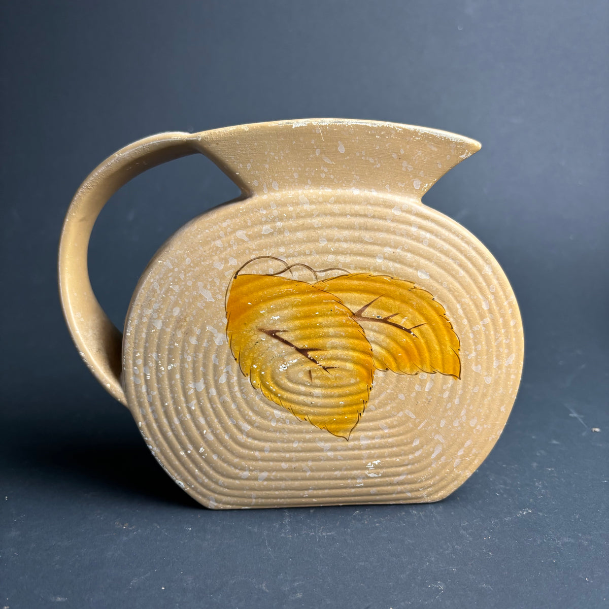 Vintage English Pottery Jug – Flat “Pancake” Form – Hand Painted Leaves